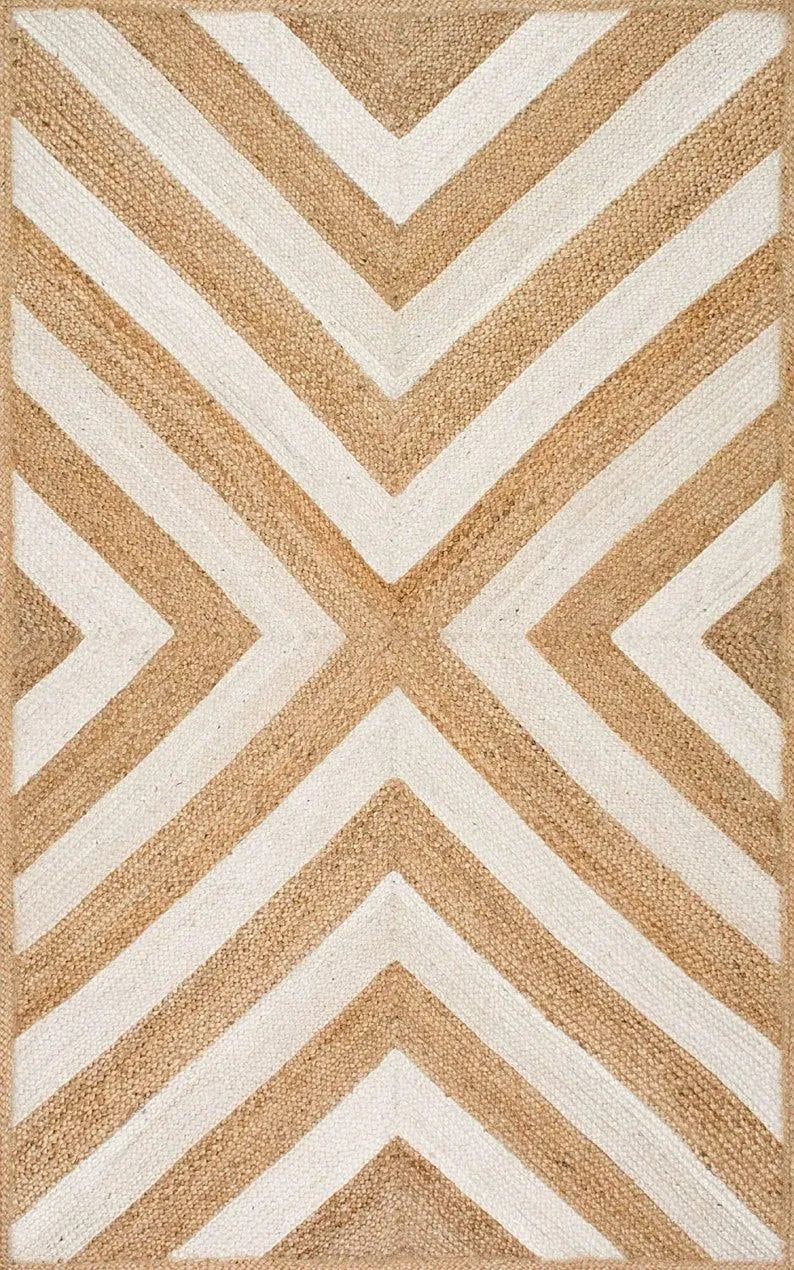 Hand-Braided Chevron Jute Area Rug – Beige and White Geometric Natural Fiber Rug