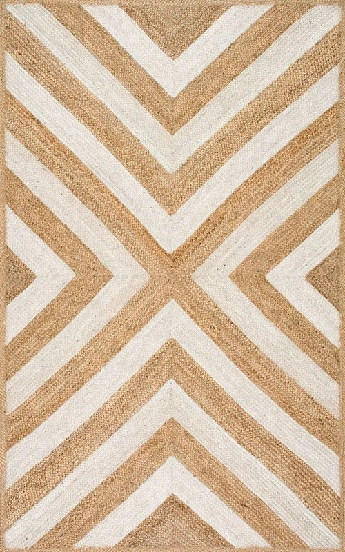 Hand-Braided Chevron Jute Area Rug – Beige and White Geometric Natural Fiber Rug