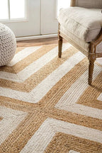 Hand-Braided Chevron Jute Area Rug – Beige and White Geometric Natural Fiber Rug