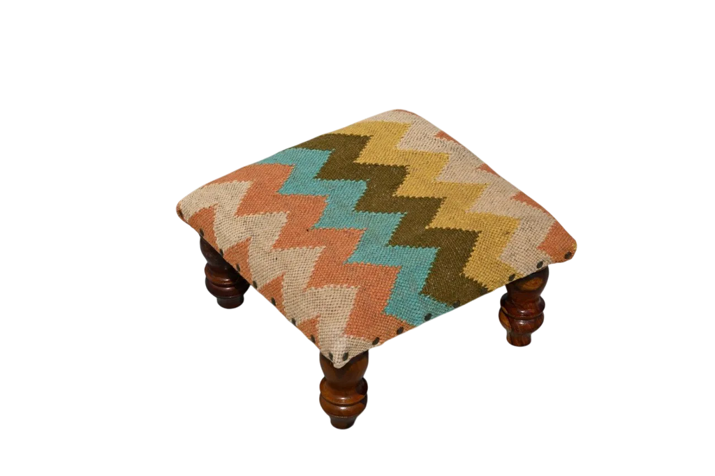 Turquoise Boho Ottoman – Handmade Zigzag Kilim Accent Stool and Wooden Footrest