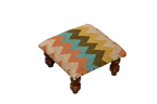 Turquoise Boho Ottoman – Handmade Zigzag Kilim Accent Stool and Wooden Footrest