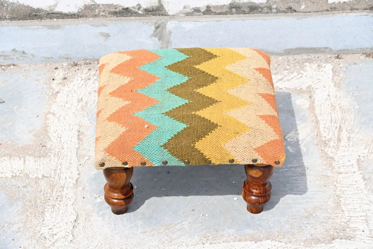 Turquoise Boho Ottoman – Handmade Zigzag Kilim Accent Stool and Wooden Footrest