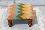 Turquoise Boho Ottoman – Handmade Zigzag Kilim Accent Stool and Wooden Footrest