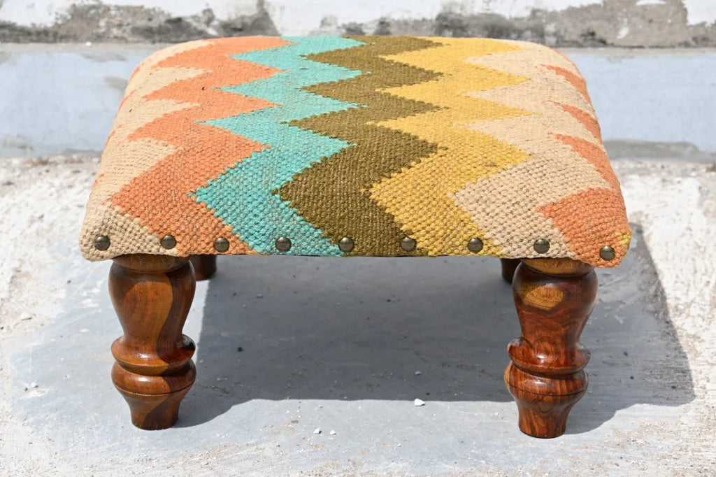 Turquoise Boho Ottoman – Handmade Zigzag Kilim Accent Stool and Wooden Footrest