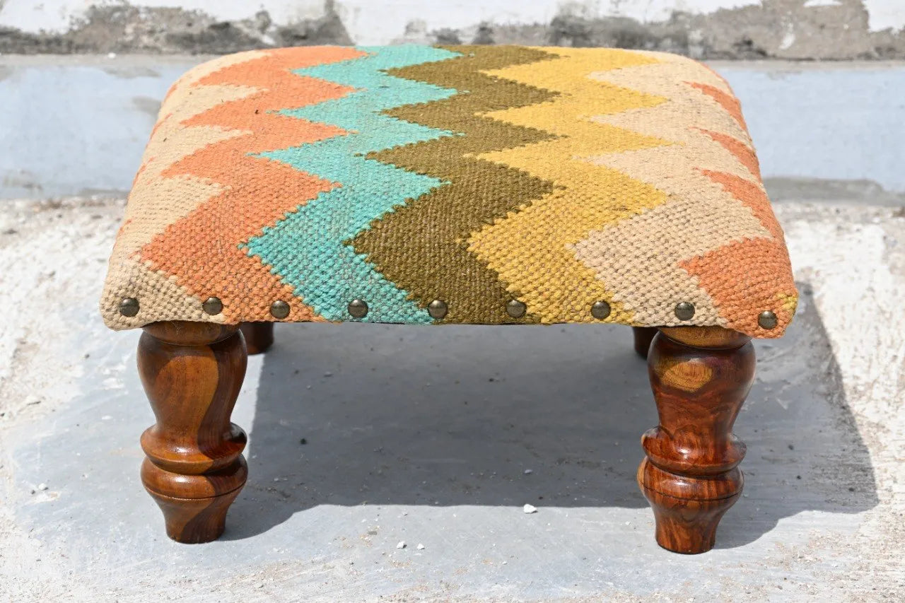 Turquoise Boho Ottoman – Handmade Zigzag Kilim Accent Stool and Wooden Footrest