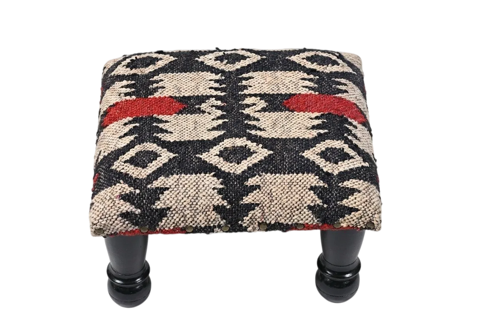 Tribal Accent Ottoman – Small Black Geometric Footrest, 14 × 14 × 8 Inches