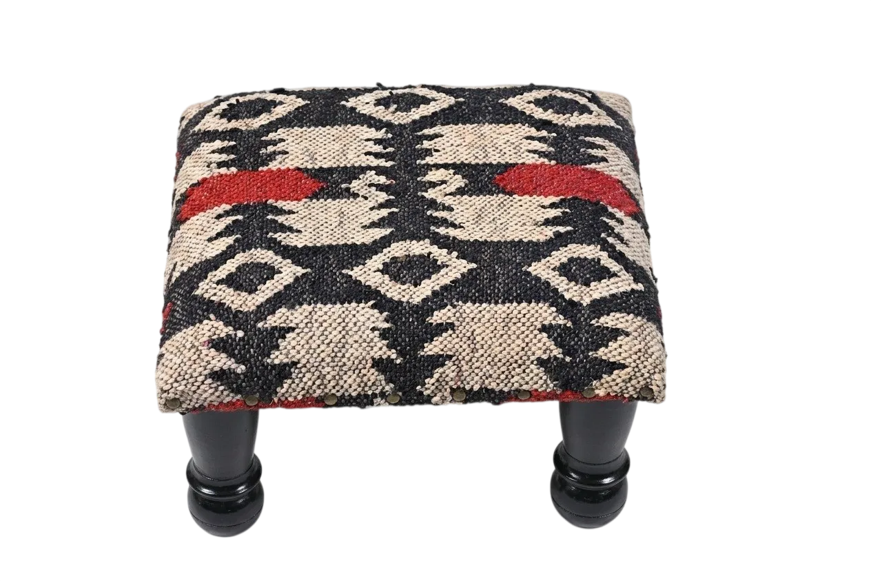 Tribal Accent Ottoman – Small Black Geometric Footrest, 14 × 14 × 8 Inches