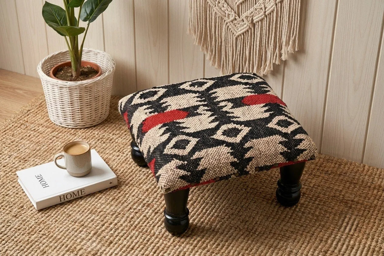 Tribal Accent Ottoman – Small Black Geometric Footrest, 14 × 14 × 8 Inches