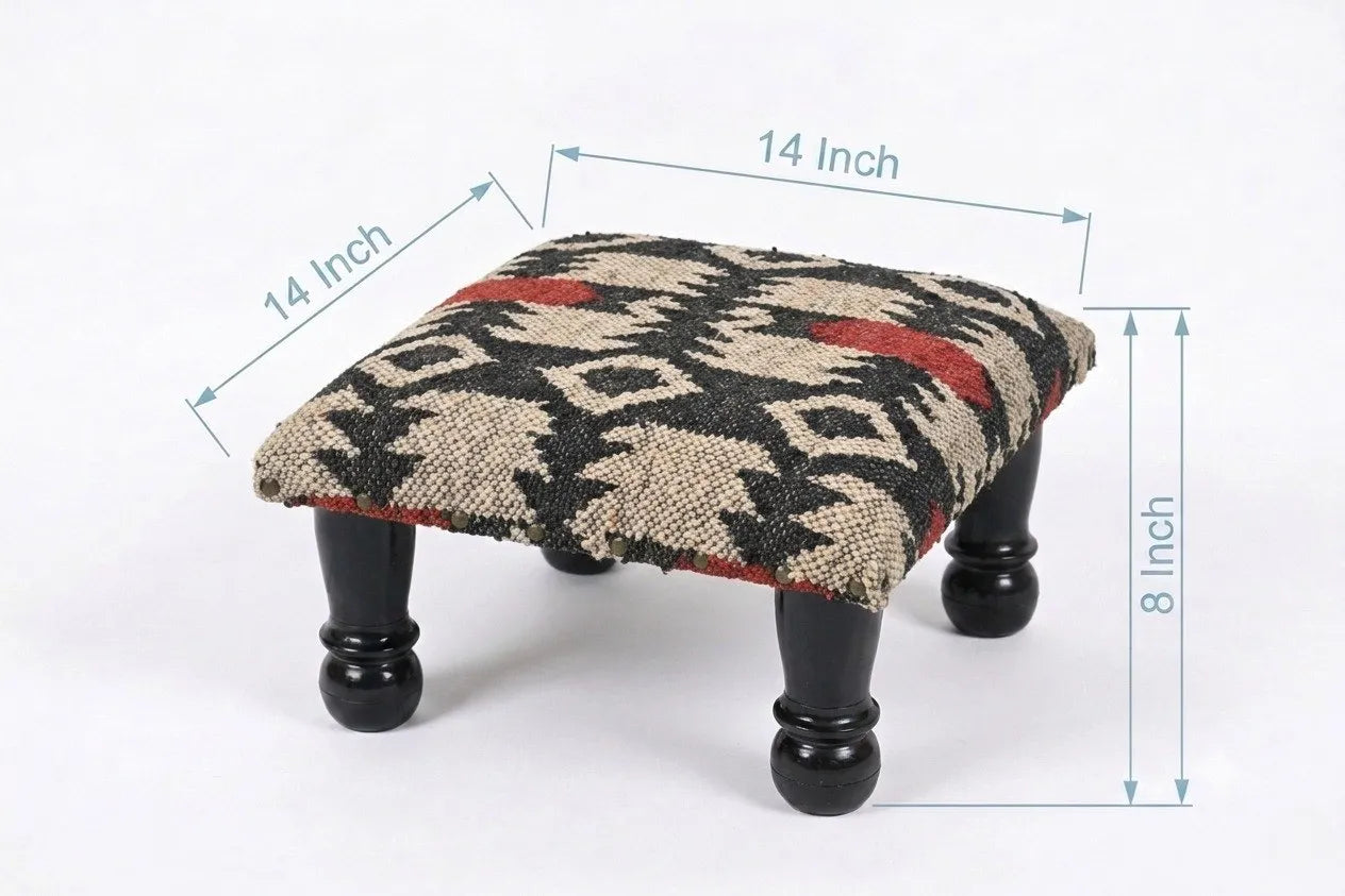 Tribal Accent Ottoman – Small Black Geometric Footrest, 14 × 14 × 8 Inches