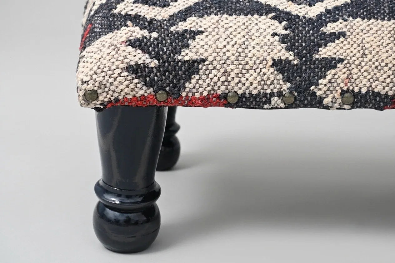 Tribal Accent Ottoman – Small Black Geometric Footrest, 14 × 14 × 8 Inches