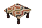 Abstract Boho Footrest – Handmade Wavy Kilim Accent Stool and Wooden Ottoman