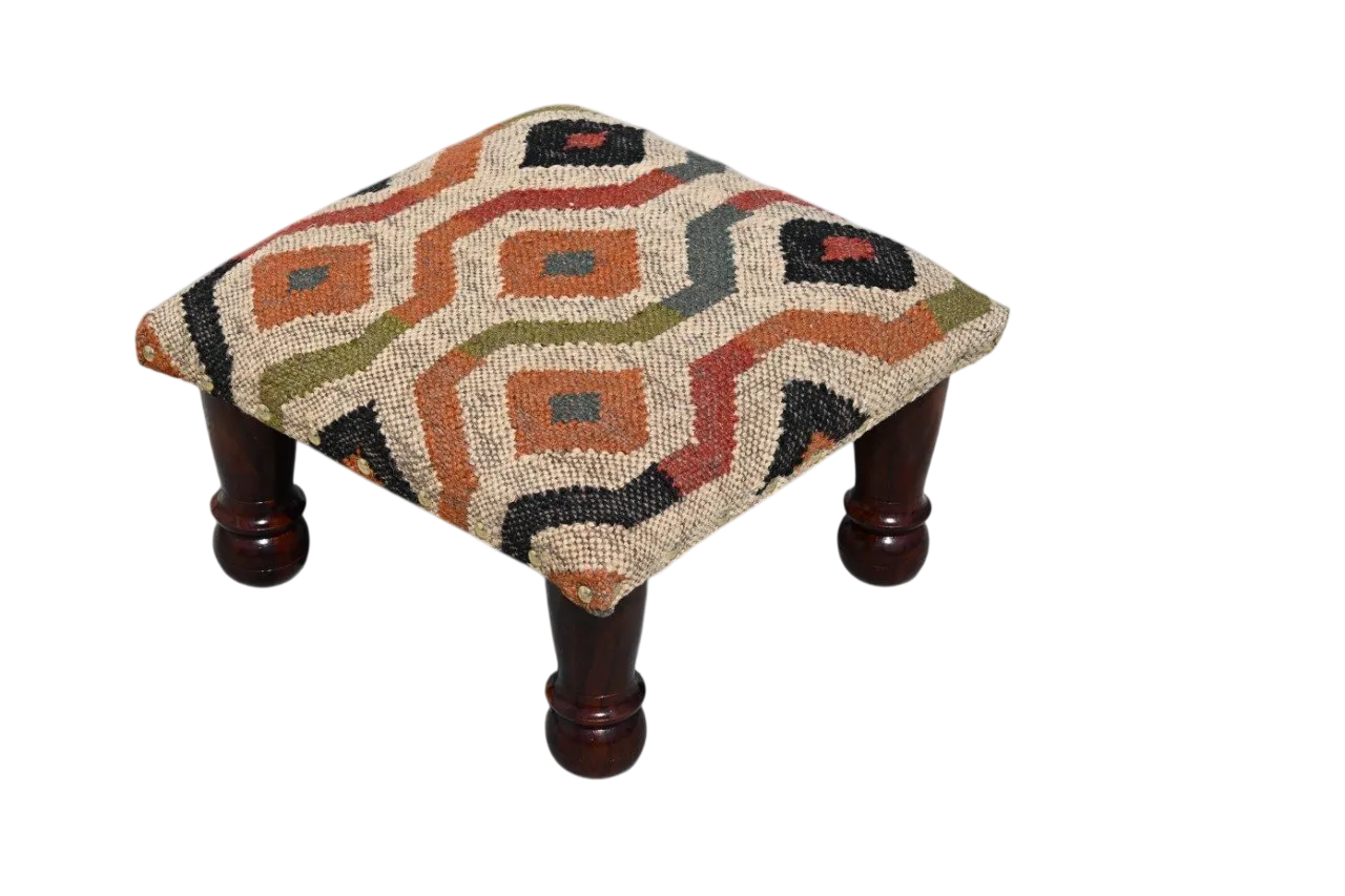 Abstract Boho Footrest – Handmade Wavy Kilim Accent Stool and Wooden Ottoman