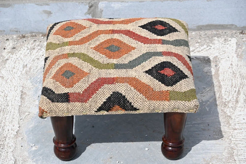 Abstract Boho Footrest – Handmade Wavy Kilim Accent Stool and Wooden Ottoman