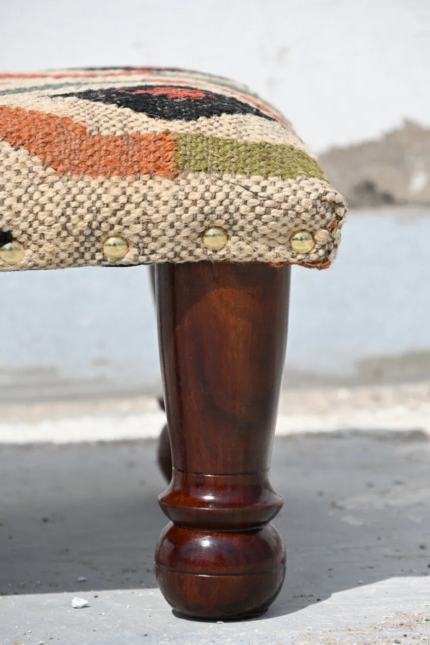 Abstract Boho Footrest – Handmade Wavy Kilim Accent Stool and Wooden Ottoman