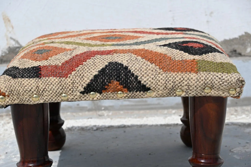 Abstract Boho Footrest – Handmade Wavy Kilim Accent Stool and Wooden Ottoman