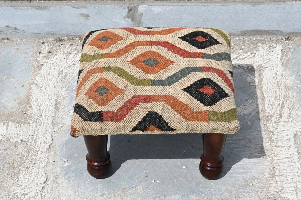 Abstract Boho Footrest – Handmade Wavy Kilim Accent Stool and Wooden Ottoman