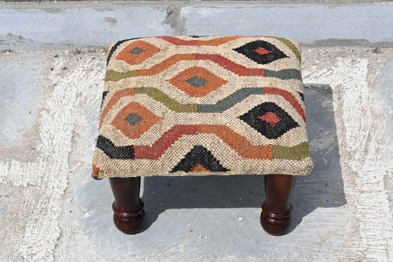Abstract Boho Footrest – Handmade Wavy Kilim Accent Stool and Wooden Ottoman