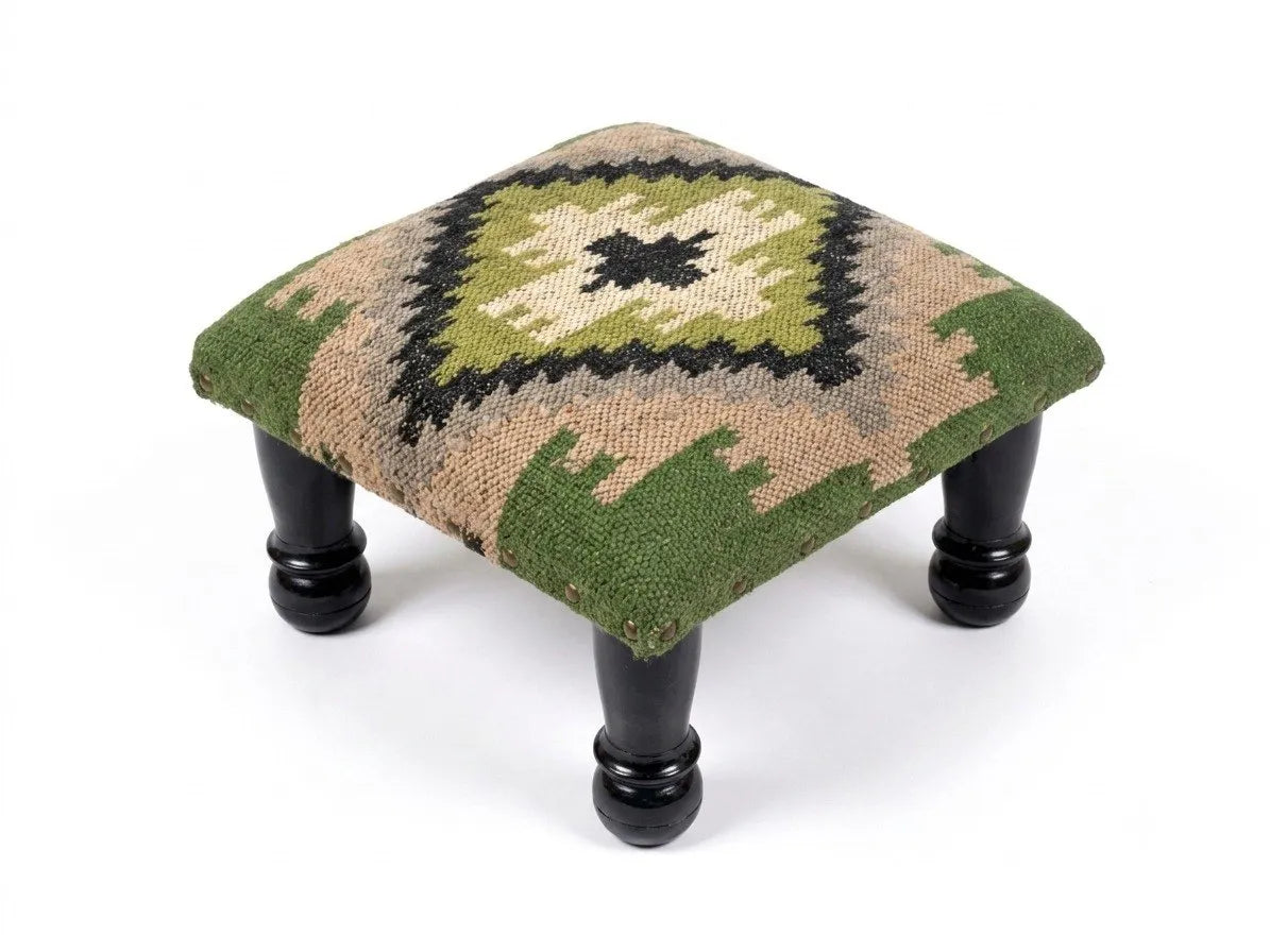 Sage Tribal Ottoman – Small Geometric Footrest, 14 × 14 × 8 Inches