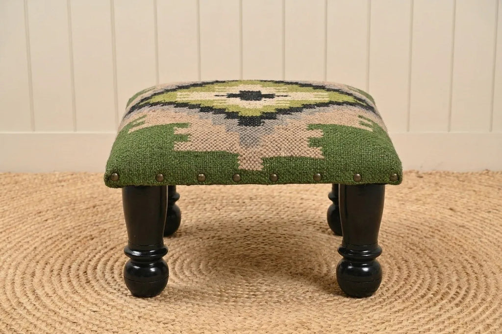 Sage Tribal Ottoman – Small Geometric Footrest, 14 × 14 × 8 Inches