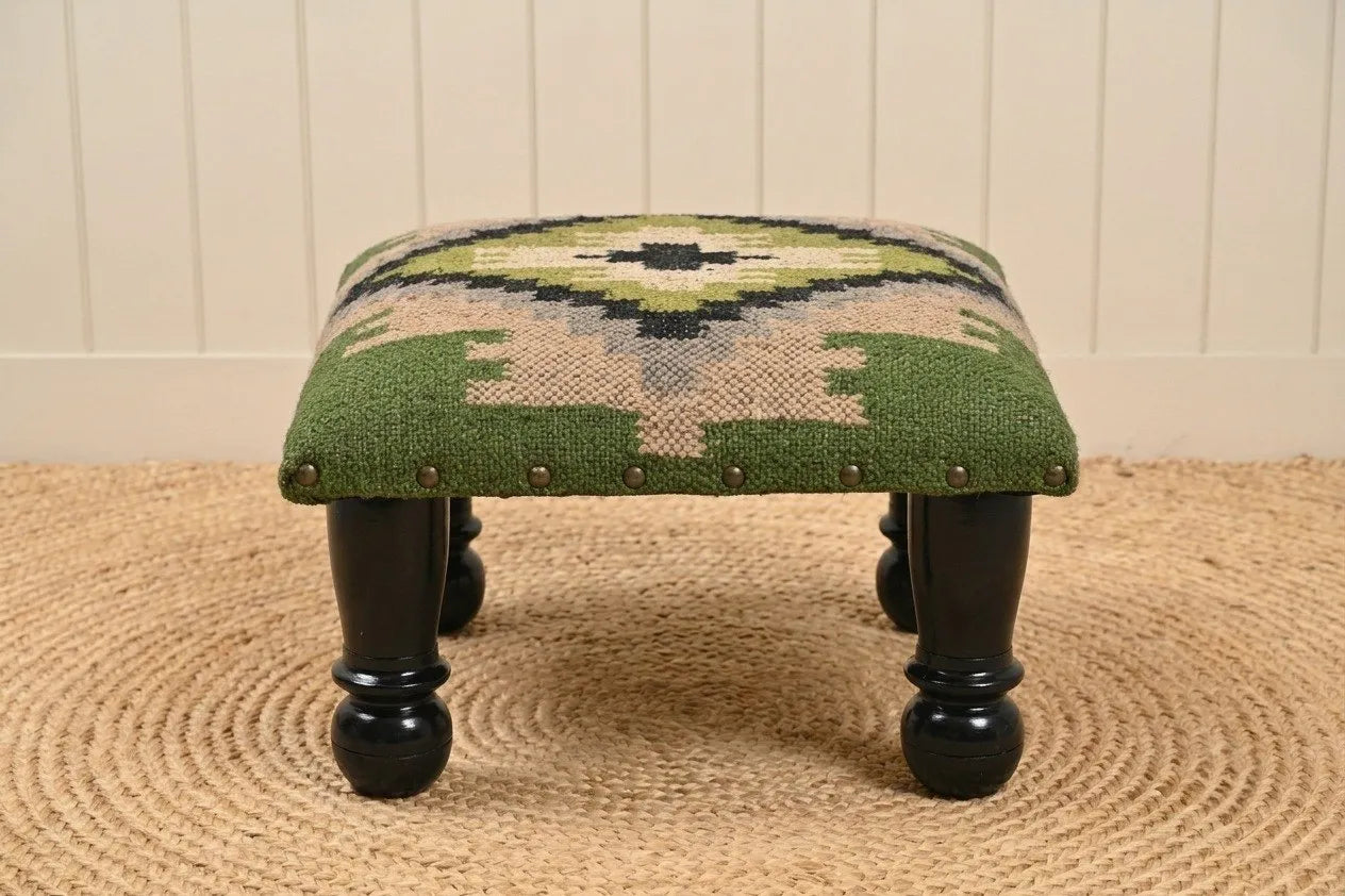 Sage Tribal Ottoman – Small Geometric Footrest, 14 × 14 × 8 Inches