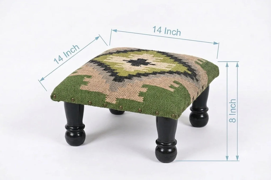 Sage Tribal Ottoman – Small Geometric Footrest, 14 × 14 × 8 Inches
