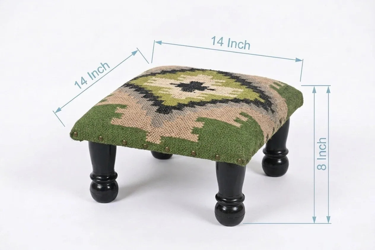 Sage Tribal Ottoman – Small Geometric Footrest, 14 × 14 × 8 Inches