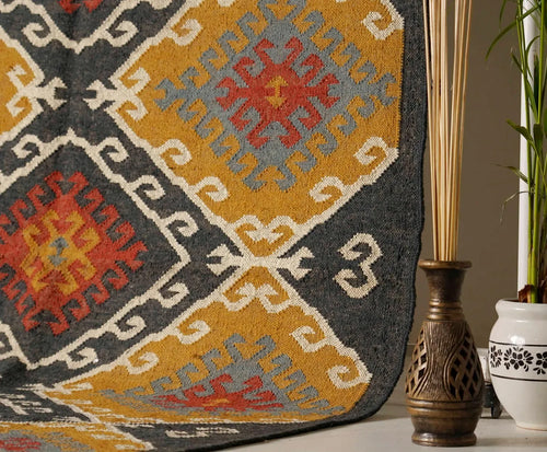 Houtskool Folk Medalje Kilim Dhurrie – Handgeweefde Groot Wol Jute Mat