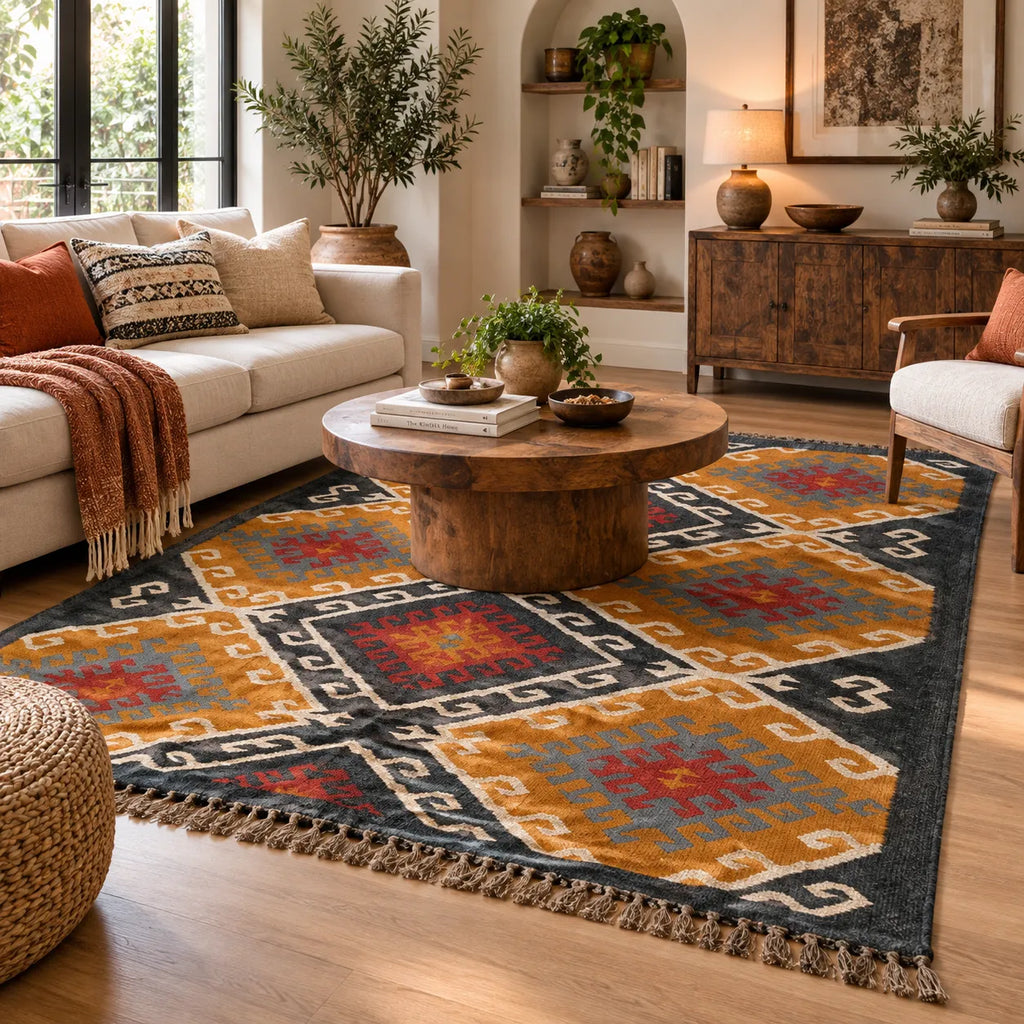 Charcoal Folk Medallion Kilim Dhurrie – Artisan-Woven Large Wool Jute Carpet