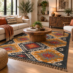 Charcoal Folk Medallion Kilim Dhurrie – Artisan-Woven Large Wool Jute Carpet