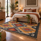 Charcoal Folk Medallion Kilim Dhurrie – Artisan-Woven Large Wool Jute Carpet