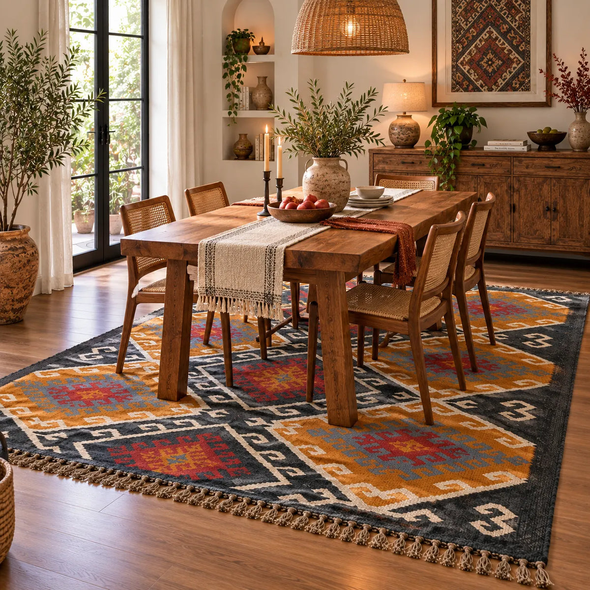 Charcoal Folk Medallion Kilim Dhurrie – Artisan-Woven Large Wool Jute Carpet