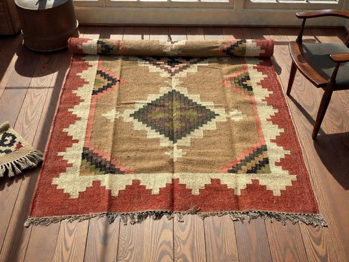 Taupe Wool Jute Kilim Dhurrie – Artisan-Woven Symmetrical Tribal Rug