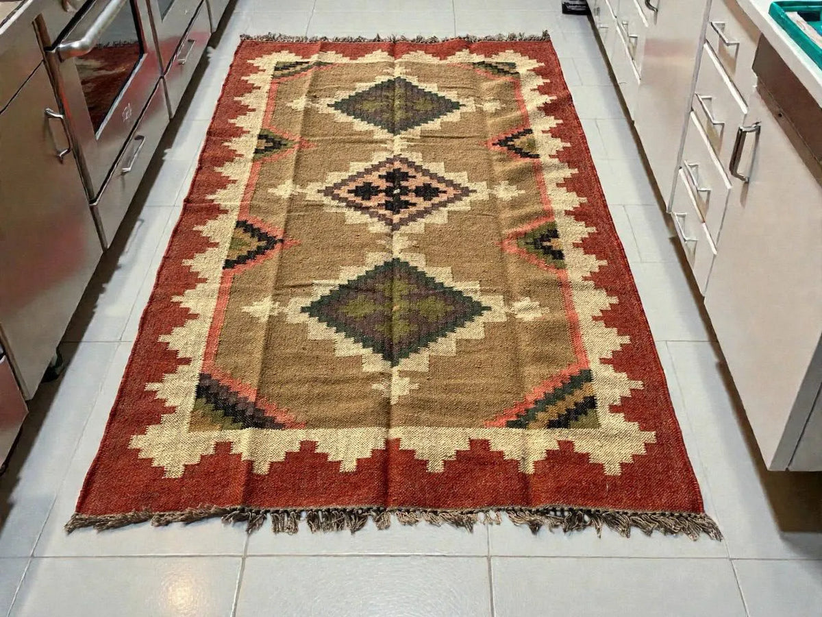 Taupe Wool Jute Kilim Dhurrie – Artisan-Woven Symmetrical Tribal Rug