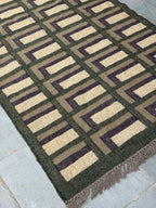 Moss Green Maze-Block Dhurrie Rug – Artisan-Woven Jute Wool Area Carpet