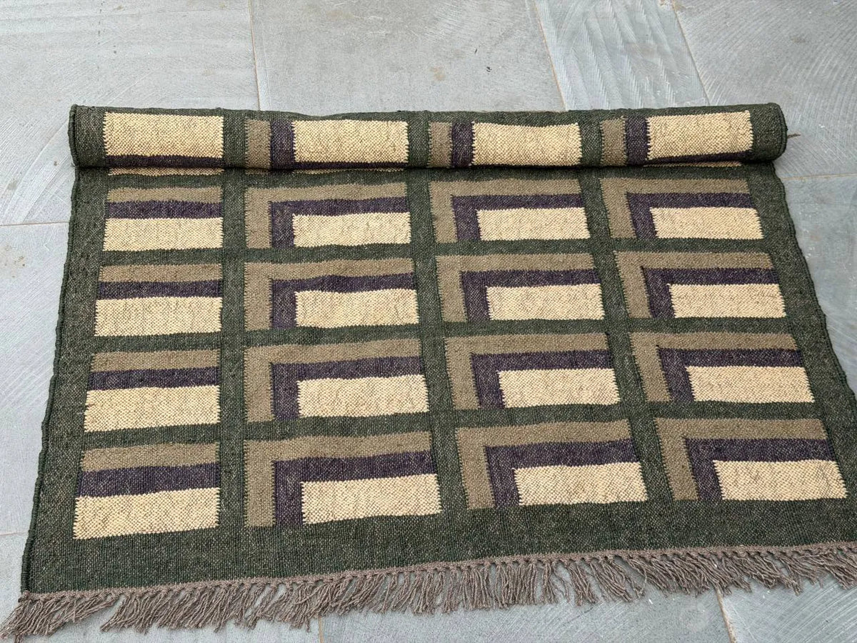Maroon Volkskuns Kilim Tapytloper – Artisanaal-geweefde Wol Jute Mat, Volgens Maat Gemaak