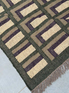 Moss Green Maze-Block Dhurrie Rug – Artisan-Woven Jute Wool Area Carpet