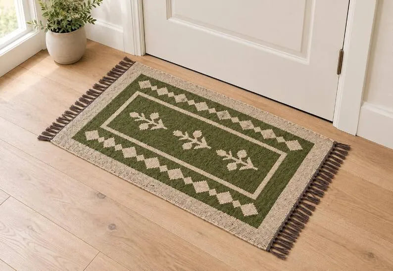 Handmade Wool & Jute Kilim Runner – Olive Floral Design