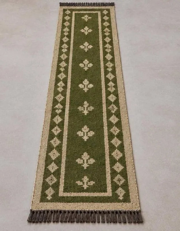 Handmade Wool & Jute Kilim Runner – Olive Floral Design