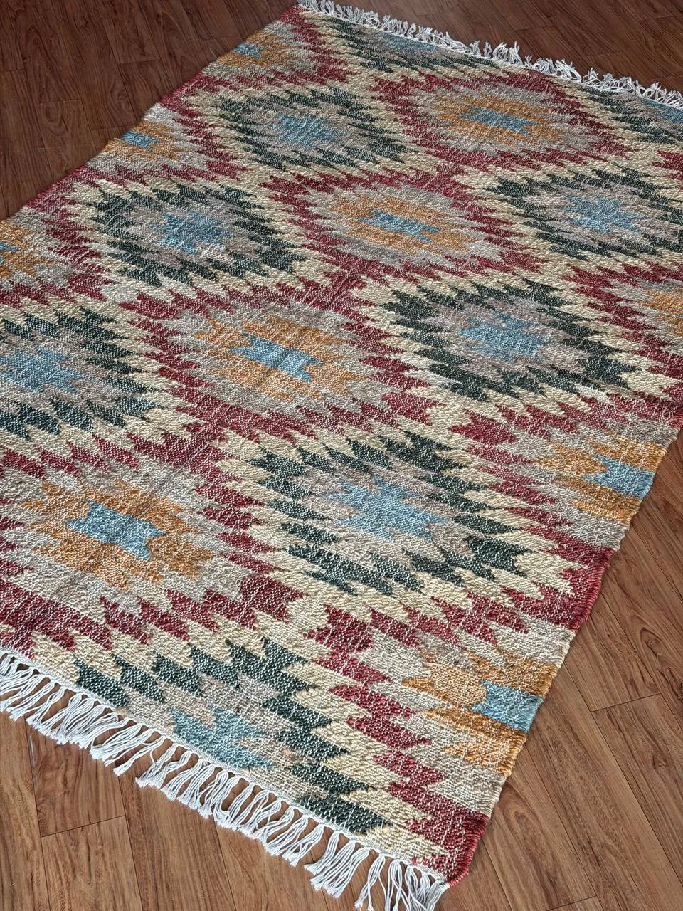 Jute and Cotton Area Rug – Multicolor Stepped Geometric Design