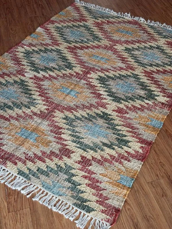 Jute and Cotton Area Rug – Multicolor Stepped Geometric Design