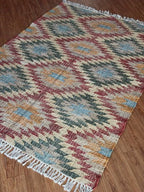 Jute and Cotton Area Rug – Multicolor Stepped Geometric Design
