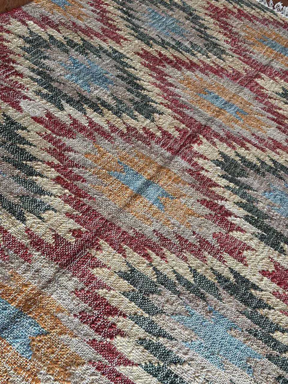 Jute and Cotton Area Rug – Multicolor Stepped Geometric Design