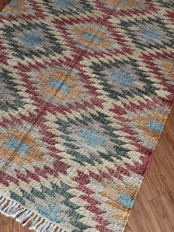 Jute and Cotton Area Rug – Multicolor Stepped Geometric Design