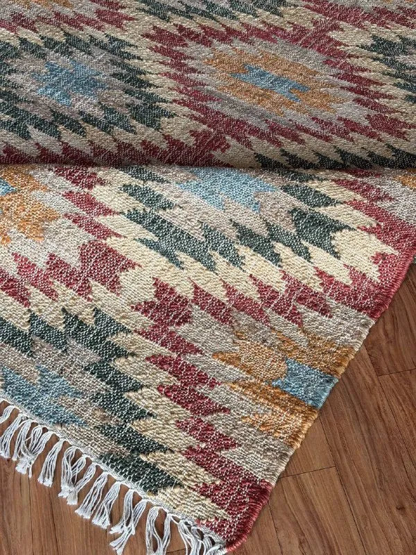 Jute and Cotton Area Rug – Multicolor Stepped Geometric Design