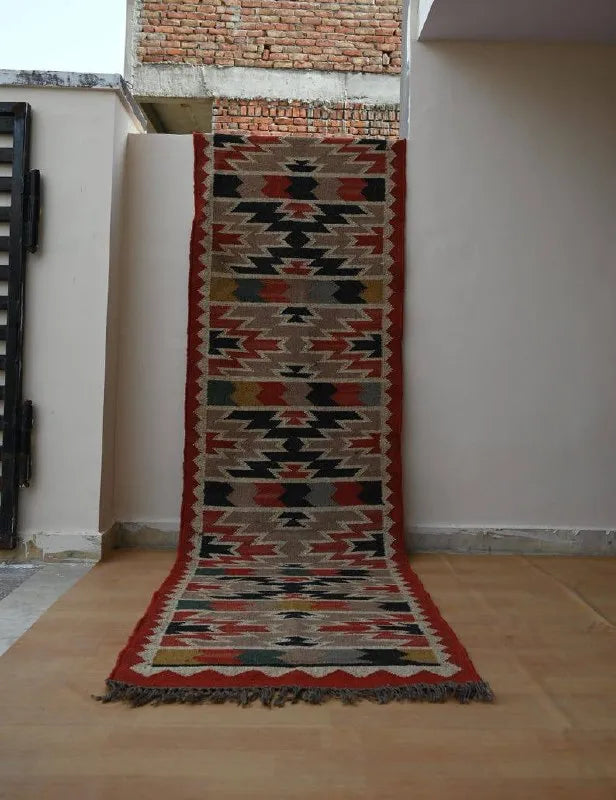 Handmade Multicolour Kilim Runner – Stepped Motifs & Rust Border