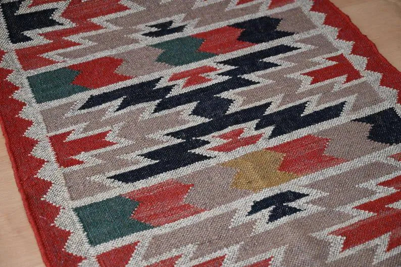 Handmade Multicolour Kilim Runner – Stepped Motifs & Rust Border