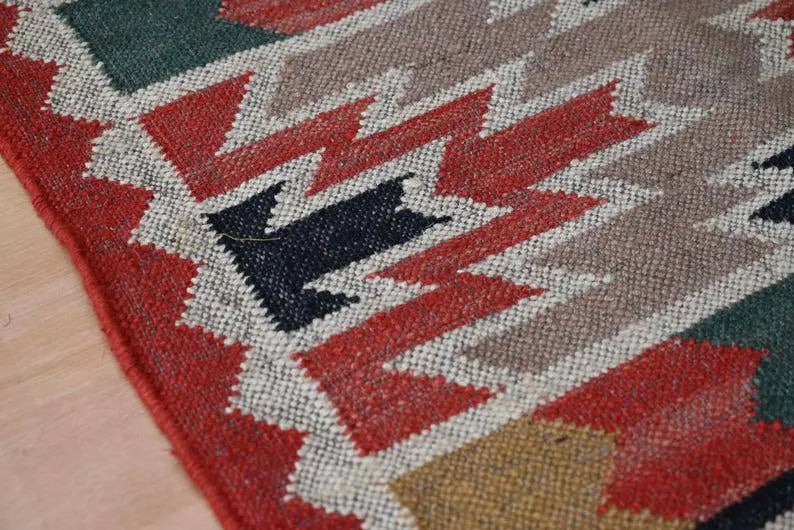 Handmade Multicolour Kilim Runner – Stepped Motifs & Rust Border