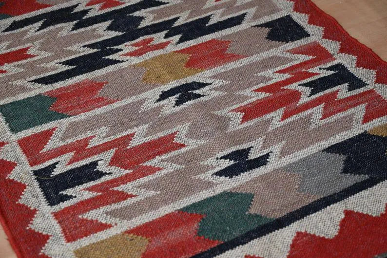 Handmade Multicolour Kilim Runner – Stepped Motifs & Rust Border