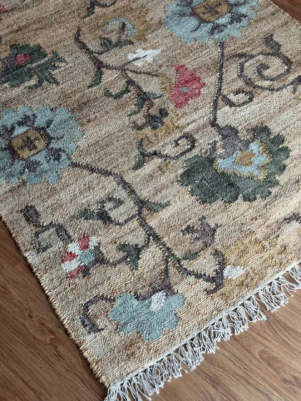 Jute and Cotton Floral Area Rug – Natural Beige & Powder Blue