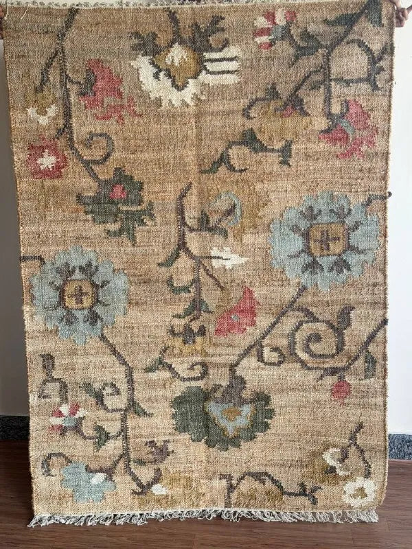 Jute and Cotton Floral Area Rug – Natural Beige & Powder Blue